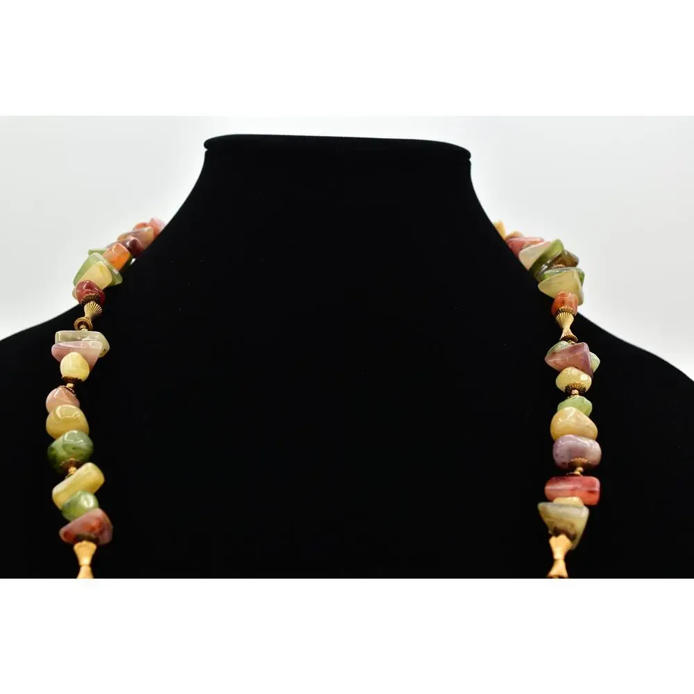 Miriam Haskell Lucite Stone Beaded Necklace Gold Green Orange Signed 1950s BinBN